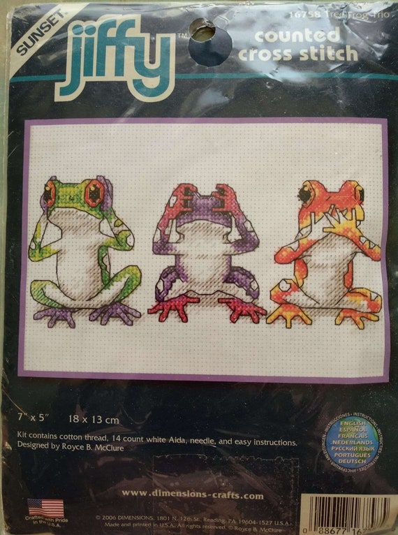 14 Count White Aida Dimensions Tree Frog Trio Counted Cross Stitch Kit 5 x 7