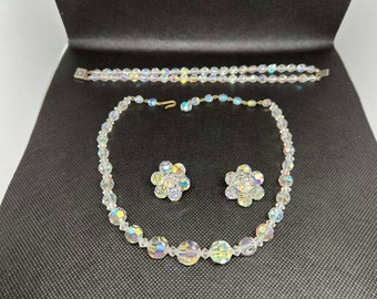 Aurora Borealis Vintage 1960s AB Rhinestone Necklace, Bracelet and Clip Earrings set