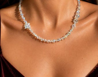Vintage Faceted Crystal Graduated Strand Necklace, Clear Czech Glass Beads Choker Aurora Borealis Vintage 1960s AB beaded Clasp, Wedding
