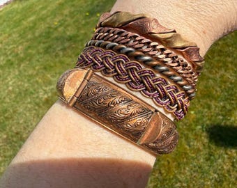 Boho Vintage Handcrafted Copper tone Metal Bracelet and Earrings Set