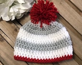 Gray White Stripe Baby Hat With Pom Pom, Newborn Pom Pom Beanie, Unique Baby Shower Gift, Newborn Photo Shoot Prop, Crochet Pom Pom Hat