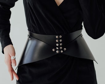 Cinturón de corsé de geometría, corsé de cuero negro para mujer, cinturón peplum llamativo, cinturón de cuero ancho para vestido