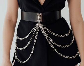 Fiona Statement Waist Belt, Black Leather Belt with Chains, Festival Belt for Women, Gothic Belt for Dress