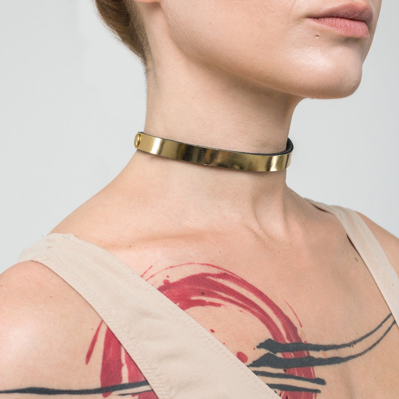 Gold Leather Choker / Day Collar / Discreet Collar / Thin Etsy