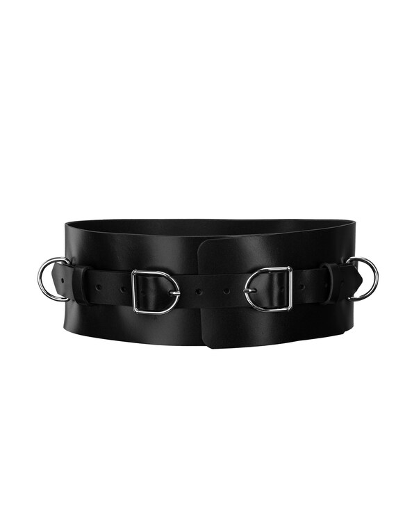 Leather woven 3.5” wide waist cinching belt, double buckles, 26”-30”, blk, EUC Women main image 3