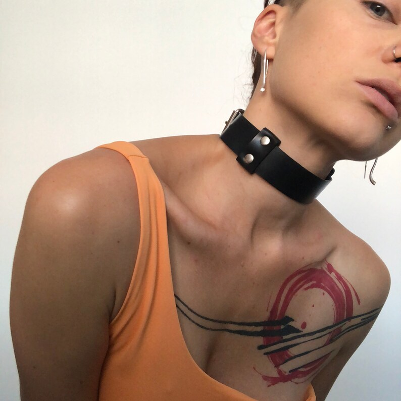 Minimalist Black Leather Collar Choker BDSM Collar Goth Bondage Fetish Kink