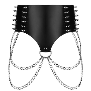 Leather Corset Belt with Detachable Chains, Wide Belt for Women, Steampunk Belt, Black Leather Waist Belt, Gothic Belt