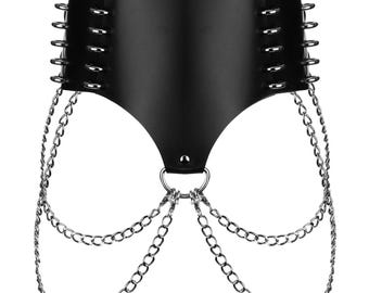 Leather Corset Belt with Detachable Chains, Wide Belt for Women, Steampunk Belt, Black Leather Waist Belt, Gothic Belt