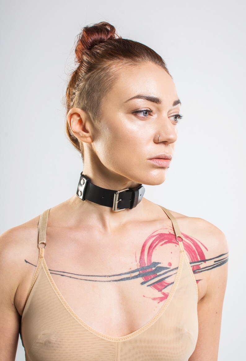 Minimalist Black Leather Collar Choker BDSM Collar Goth Bondage Fetish Kink