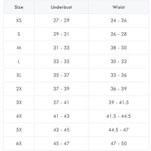 May include: A white table with a size chart for clothing. The chart lists sizes from XS to 6X, with corresponding underbust and waist measurements in inches. The chart is organized in a grid format.