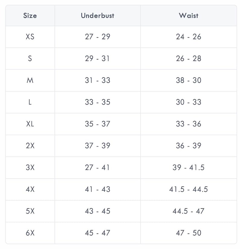 May include: A white table with a size chart for clothing. The chart lists sizes from XS to 6X, with corresponding underbust and waist measurements in inches. The chart is organized in a grid format.