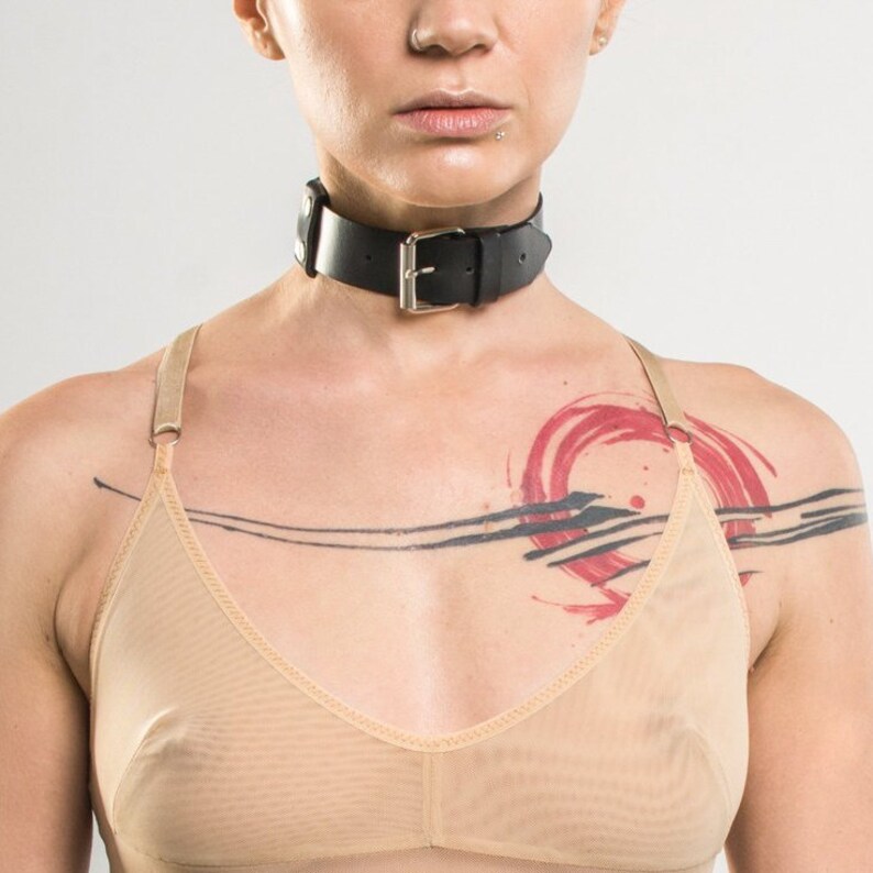 Minimalist Black Leather Collar Choker BDSM Collar Goth Bondage Fetish Kink