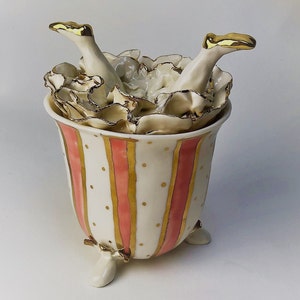 Upside down sugar bowl, in porcelain. Entirely handmade. For use or collectible. 20% gold decorations. Made to order. Made in Italy