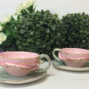 Two porcelain tea cups with saucers, handmade modeled. Inspired by the rose flower. For use or collectible. Made to order. Made in Italy