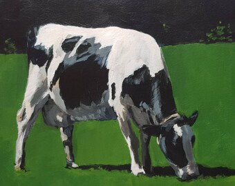 Black coloured cow', hand-painted acrylic painting on paper with passepartout and frame 30 x 40 cm
