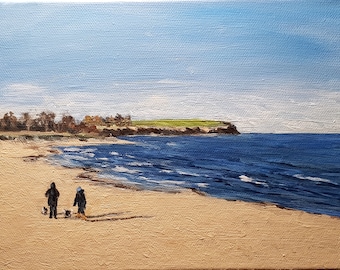 Original acrylic painting 18 x 24 cm Winter walk at the stand, Boltenhagen
