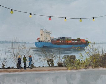 Original acrylic painting "Blankenese with lights" 40 x 50 cm, painting, hand-painted, Hamburg
