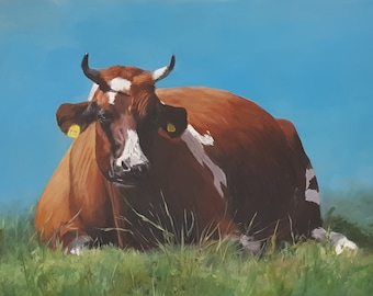 Brown big cow, original acrylic painting, 60 x 80 cm