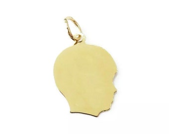 14K Solid Yellow Gold Girl / Boy Charm Engravable Disc Pendant Charm Silhouette Charm Necklace Mother Necklace, Children's Name Face Charm