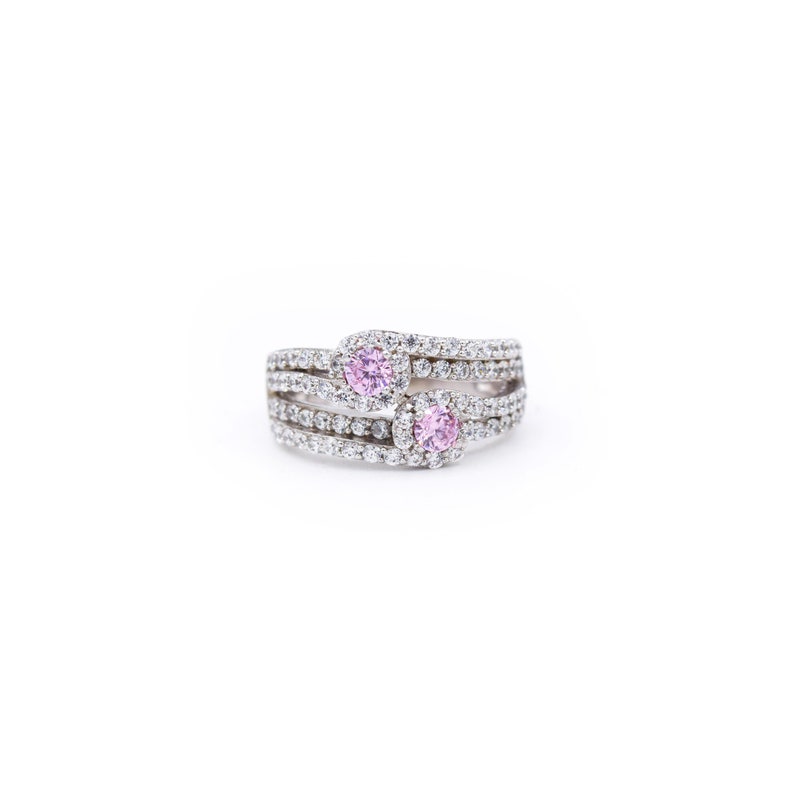 925 Sterling Silver CZ Ring Double Bang Ring With Two Pink Gemstones Birthday Anniversary Party Graduation Present For Her Promise Ring