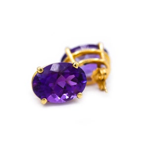 14K Yellow Gold Stud Earrings With Purple Amethyst Gemstone Birthday/Anniversary/Wedding Gift