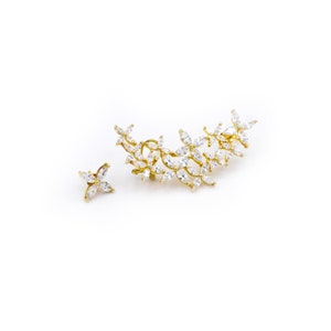925 14K Cubic Zirconia Gold Plated One Climber Earring Piece And One Stud Earring, Millenial Chic Style, Floral/Leaf Design, Party Accessory