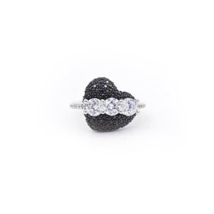 925 Cubic Zirconia Sterling Silver Ring With Black Stone Heart And Three Stones Across Love Birthday/Valentine's Day Gift