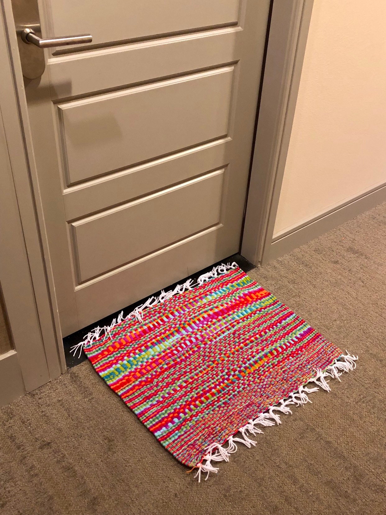 Far Out Mat Orange Fuchsia Red Green Blue Handmade Doormat