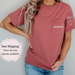 Custom Mama Shirt with Children Name on Sleeve, Comfort Colors, Pocket Mama Shirt, Mama Shirt, Mother&#39;s Day Shirt, Pocket Tee Shirt