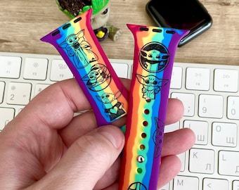 Cute Baby Grogu Laser Engraved Apple Watch band for 38/40/41/42/44/45/49mm Madalorian Apple Watch /2/3/4/5/6/7/8/SE series strap iWatch Band