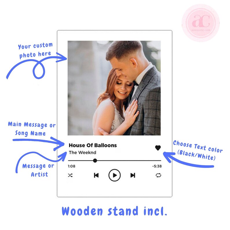 May include: A white photo frame with a black and white photo of a couple. The frame has a music player design with the song title "House Of Balloons" by The Weeknd. The text "Choose Text colour (Black/White)" is written on the right side of the frame.