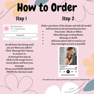 May include: How to order a personalised plaque with a photo and song title. Scroll down the listing, click "Message Nat" to contact the seller. Add a photo and text in the personalisation box. You will receive a layout preview for approval in one business day.