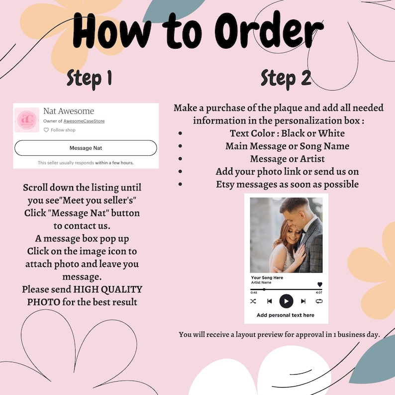 May include: How to order a personalised plaque with a photo and song title. Scroll down the listing, click "Message Nat" to contact the seller. Add a photo and text in the personalisation box. You will receive a layout preview for approval in one business day.