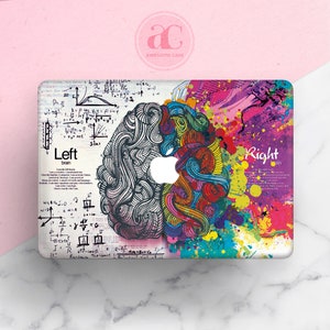 May include: A laptop skin with a colorful abstract brain design. The left side of the brain is black and white with handwritten math equations. The right side of the brain is colorful with splashes of paint. The text "Left brain" and "Right brain" is written on the skin.