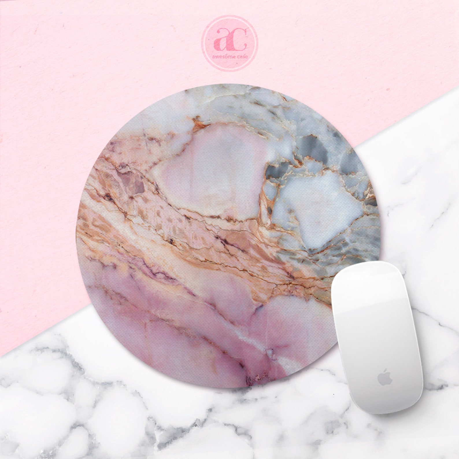 Mouse Pad Marble Home Office Pink Marble Mouse Round Pad Smoke Etsy