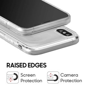 May include: A clear phone case with raised edges to protect the screen and camera. The case is designed to protect the phone from scratches and drops.
