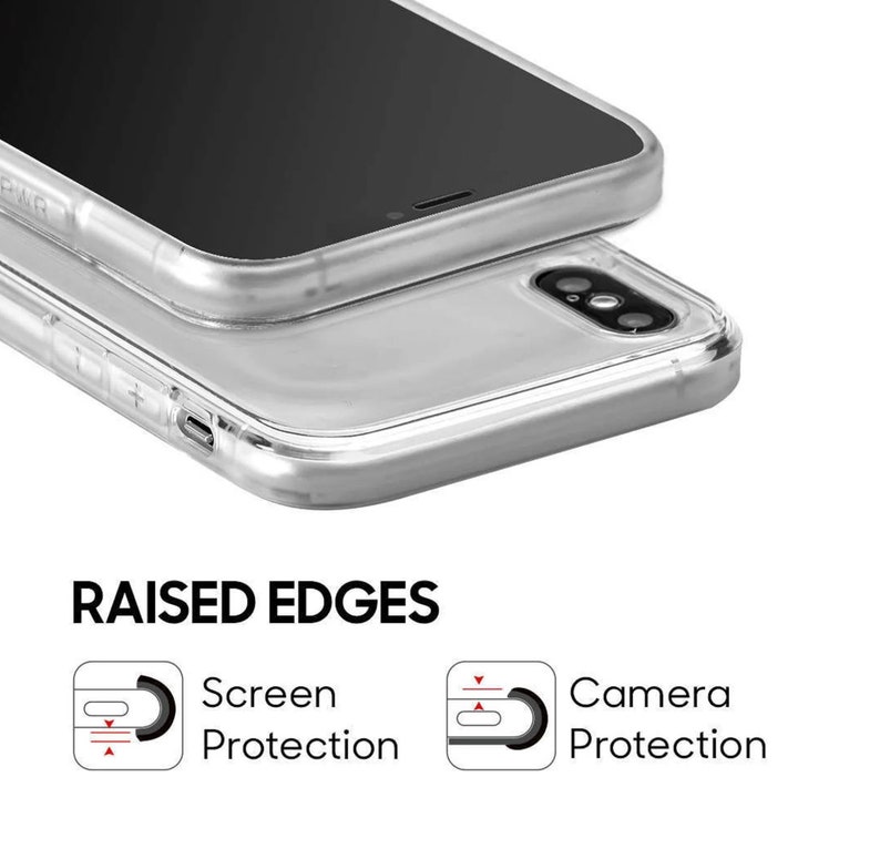May include: A clear phone case with raised edges to protect the screen and camera. The case is designed to protect the phone from scratches and drops.
