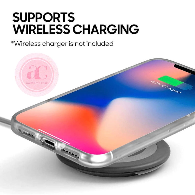 Op de afbeelding: Een transparante telefoonhoes met een witte telefoon erin, die op een draadloze oplader wordt opgeladen. Het telefoonscherm toont een batterijpictogram met 62% lading. De tekst "SUPPORTS WIRELESS CHARGING" staat boven de telefoon. De tekst "*Wireless charger is not included" staat onder de telefoon. De tekst "ac awesome case" staat in een roze cirkel.