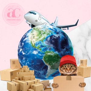 Puede incluir: Una ilustraci&oacute;n gr&aacute;fica con un avi&oacute;n blanco volando sobre un globo terr&aacute;queo azul. Un gato atigrado marr&oacute;n con una gorra roja asoma por encima de una caja. Varias cajas de cart&oacute;n marr&oacute;n est&aacute;n apiladas debajo. El texto "ac awesome case" aparece en un c&iacute;rculo rosa en la esquina superior izquierda.