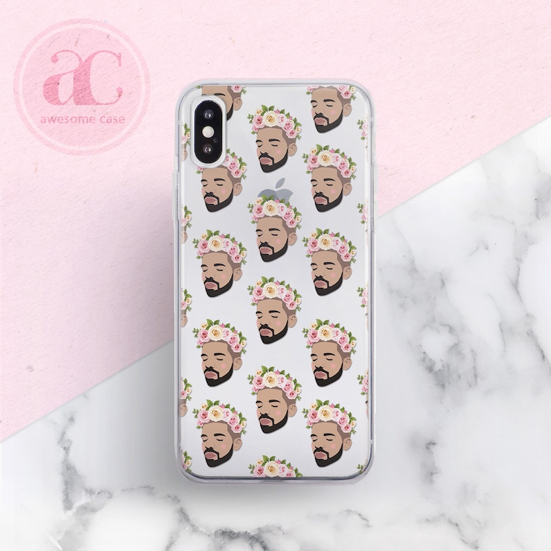 Op de afbeelding: Een transparante telefoonhoes met een patroon van een mannengezicht met een bloemenkrans. De hoes is voor een iPhone X.