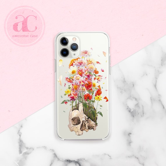 Skull and Flowers Clear Phone Case: iPhone 17 16 Pro 17 15 Pro 16 Pro Max 14 14 Pro 12 Pro 12 Pro Max Air 13 Pro Protective Silicone Cover