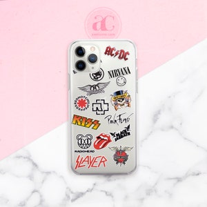 May include: A clear phone case with various band logos and names printed on it, including AC/DC, Nirvana, Red Hot Chili Peppers, Kiss, Pink Floyd, Black Sabbath, Radiohead, Slayer, and Bon Jovi.