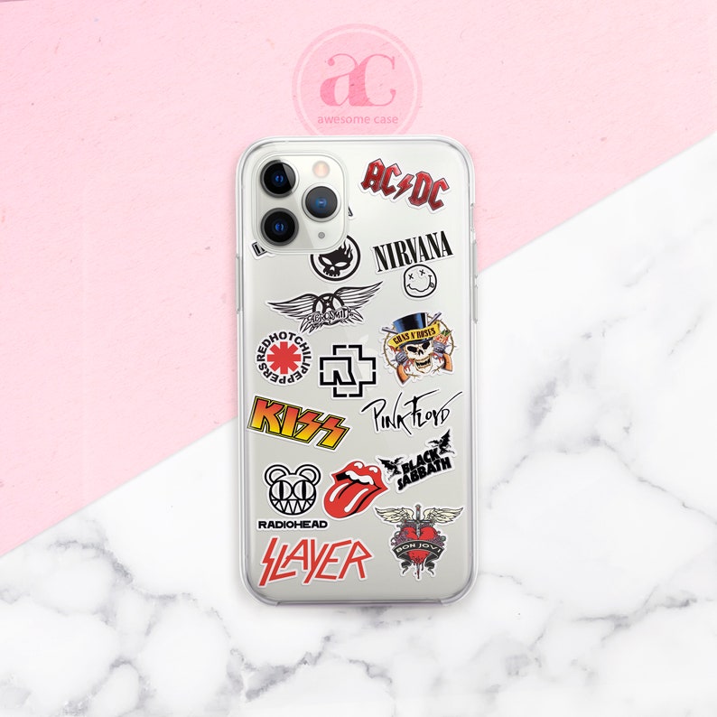 May include: A clear phone case with various band logos and names printed on it, including AC/DC, Nirvana, Red Hot Chili Peppers, Kiss, Pink Floyd, Black Sabbath, Radiohead, Slayer, and Bon Jovi.