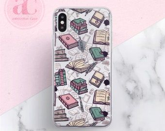May include: Clear phone case with a repeating pattern of illustrated books, pens, and ink blots. The books are in various colors, including pink, green, and beige. The case has the text "awesome case" and the letters "ac" in a pink circle.