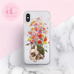May include: A clear phone case with a skull design. The skull is filled with colorful flowers, including red, pink, yellow, and white.