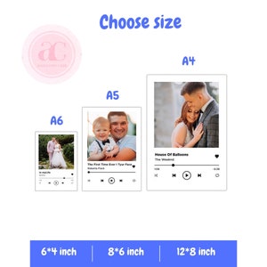 May include: A digital illustration of three different sizes of printable music player mockups. The mockups feature a photo and song title with play, pause, and skip buttons. The sizes are 6x4 inches, 8x6 inches, and 12x8 inches.