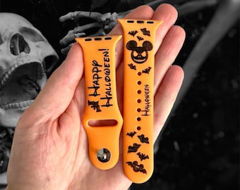 Engraved Halloween Apple Watch Band: Pumpkin, Bats, Silicone Strap