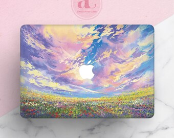 Oil Painting Landscape Macbook Case: Floral Meadow, Pastel Sky