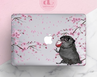 Pug Wine Sakura Macbook Case: Floral Art Design