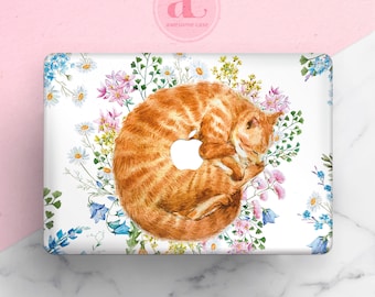 Sleeping Cat Macbook Case: Floral Kitty Design, Hard Plastic Cover